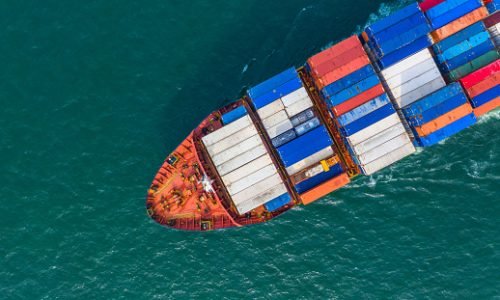 Aerial top view cargo vessel, Container vessel in export and import business and logistics